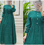 Kadın Yeşil Puantiyeli Viskon Kumaş Ön Düğmeli Ayarlanabilir Kuşaklı Tesettür Elbise