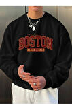 Erkek Siyah Boston Baskılı Oversize Sweatshirt