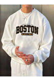 Erkek Beyaz Boston Baskılı Oversize Sweatshirt