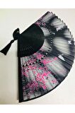 - Vintage Bambu Beyaz Çiçek Ve Kelebek Desenli Şık Japon Yelpaze Özel Tasarım