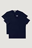 Erkek Lacivert Slim Fit Dar Kesim Bisiklet Yaka %100 Pamuk 2'li Tişört Paketi