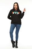 Kadın Büyük Beden Couture Yazılı Siyah Sweatshirt