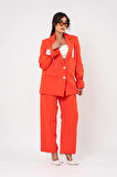 Etiket Baskılı Kol Detaylı Blazer Ceket Palazzo Pantolon Takım TKM16014