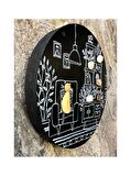 özel tasarım el yapımı pebble art kedili siyah yuvarlak tablo