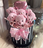 Premium Silindir Hediye Kutusunda, Kalpli Balonlu 6’lı Pembe Ayıcık Buketi