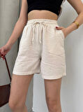 Krem Keten Şort Çift Cep Detaylı Beli Bağlamalı