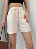 Krem Keten Şort Çift Cep Detaylı Beli Bağlamalı