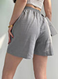 Gri Keten Şort Çift Cep Detaylı Beli Bağlamalı
