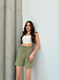 Yeşil Keten Şort Çift Cep Detaylı Beli Bağlamalı