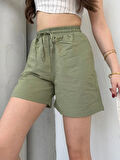 Yeşil Keten Şort Çift Cep Detaylı Beli Bağlamalı