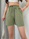 Yeşil Keten Şort Çift Cep Detaylı Beli Bağlamalı