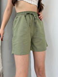 Yeşil Keten Şort Çift Cep Detaylı Beli Bağlamalı