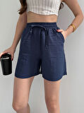 Lacivert Keten Şort Çift Cep Detaylı Beli Bağlamalı