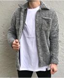 Unisex Düğmeli Gri Melanj Peluş Ceket