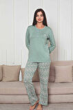 Kadın Etnik Desen 3 Düğmeli Likralı Viskon Mevsimlik Uzun Kol Pijama Takımı