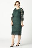 1293 Dantel Elbise Yeşil Büyük Beden Kısa Abiye