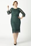 1293 Dantel Elbise Yeşil Büyük Beden Kısa Abiye