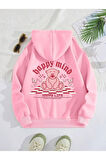 Unisex Pembe Happy Mind Happy Life Baskılı Kapşonlu Sweatshirt