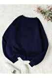 Kadın Lacivert Papatya Baskılı Bisiklet Yaka Sweatshirt