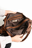 Suni Deri Çapraz Askılı Çok Bölmeli Omuz Çantası Taba (Model: 571-11-10F)