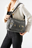 Yıkama Deri Çapraz Askılı Omuz Çantası Poliüretan Deri Gri Model:(571-14-16D)