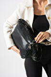 Yıkama Deri Çapraz Askılı Omuz Çantası Poliüretan Deri Siyah Model:(571-14-16D)