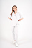 Beyaz Elegant Model Cerrahi Üniforma Belden Bağlamalı Scrubs Takım