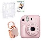 Fujifilm Instax Mini 12 Pembe Fotoğraf Makinesi 10'lu Film Şeffaf Kılıf ve Divoom LoveLock Mini Ses 
