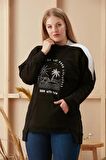 Omuz Fermuar Detaylı Baskılı Büyük Beden Siyah Sweatshirt