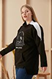 Omuz Fermuar Detaylı Baskılı Büyük Beden Siyah Sweatshirt