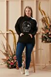 Omuz Fermuar Detaylı Baskılı Büyük Beden Siyah Sweatshirt