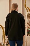 Omuz Fermuar Detaylı Baskılı Büyük Beden Siyah Sweatshirt