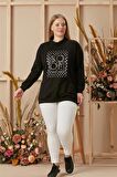 Omuz Fermuar Detaylı Baskılı Büyük Beden Siyah Sweatshirt