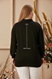 Taş İşlemeli Büyük Beden Baskılı Taşlı Siyah Sweatshirt
