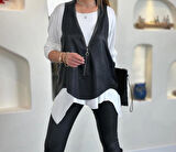 Kadın Bisiklet Yaka Uzun Kollu Viskon Bluz ve Fermuarlı Deri Yelek İkili Takım