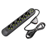 Aksesuarcı Akım Korumalı Isıya Dayanıklı Anahtarlı 5'li Priz, 3x USB, Beşli Grup Priz