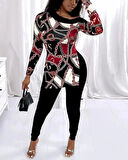 Kadın Tek Omuz Zincir Desenli Uzun Kollu Mikro Bluz