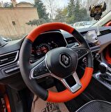 Renault Clio 5 Araca Özel Tam Uyumlu Deri Direksiyon Kılıfı (TURUNCU-SİYAH)