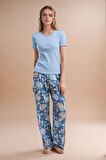 Kadın Giyim Kısa Kollu Desenli Alt & Üst Mavi Pijama Takımı LL.AR01.NE00.TT01