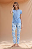 Kadın Giyim Açık Mavi Kısa Kollu Düğme Yaka Üst & Alt İkili Pijama Takımı LL.AR01.NE00.TT04