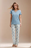 Kadın Ev Giyim Kısa Kollu V Yaka Üst & Alt İkili Pijama Takımı LL.AR01.NE00.TT07