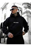 Erkek Siyah Believer Baskılı Oversize Sweatshirt