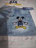 MODAVALS MICKEY NAKIŞLI LAZER KESİ DETAYLI ERKEK ÇOCUK KOT ŞORTLU TAKIM - MAVİ