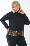 Kadın Büyük Beden Pamuklu Lacivert Pantolon Yanı ve Beli Leopar Garnili Eşofman Takımı