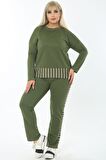 Kadın Büyük Beden Pamuklu Haki Pantolon Yanı ve Beli Çizgi Garnili Eşofman Takımı
