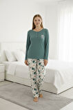 Kadın Büyük Beden Desenli Bisiklet Yaka Mevsimlik Likra Viskon Uzun Kol Pijama Takımı