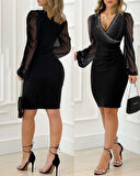 Kadın Kruvaze Yaka Tüllü Uzun Kollu Krep Kısa Elbise