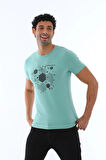 Erkek Yosun Yeşili Süprem Kumaş Geometrik Baskılı Bisiklet Yaka Kısa Kol T-shirt - 140