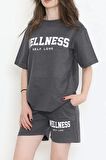 Oversize Baskılı Şortlu Takım Füme