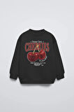 Siyah Çocuk Cherries Baskılı Bisiklet Yaka Basic Sweatshirt